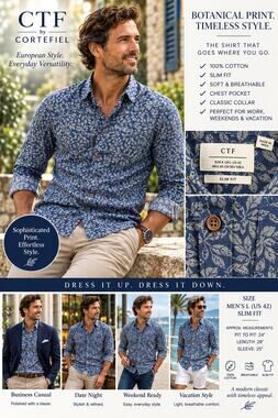 Cortefiel CTF Men’s Sz L Slim Fit Blue Botanical Floral Cotton Button Down Shirt